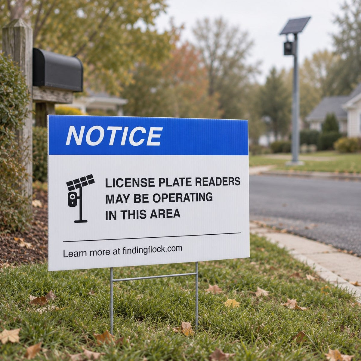 License Plate Reader Notice Yard Sign, in use