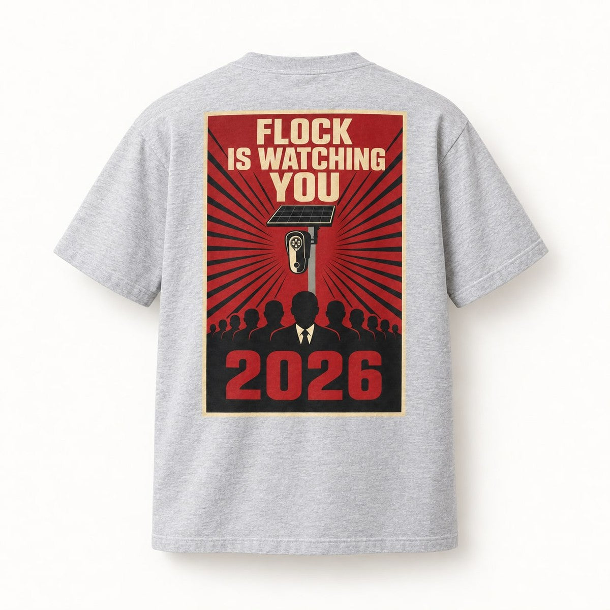 Flock Is Watching You Tee in Sport Grey, back of the shirt