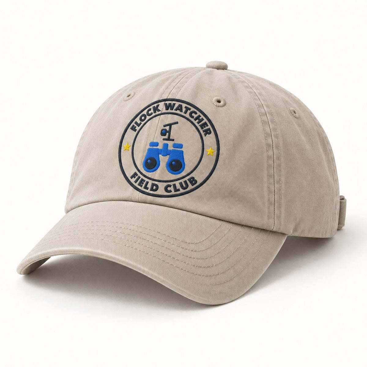 Flock Watcher Field Club Dad Hat in Stone, three-quarter front view of the cap