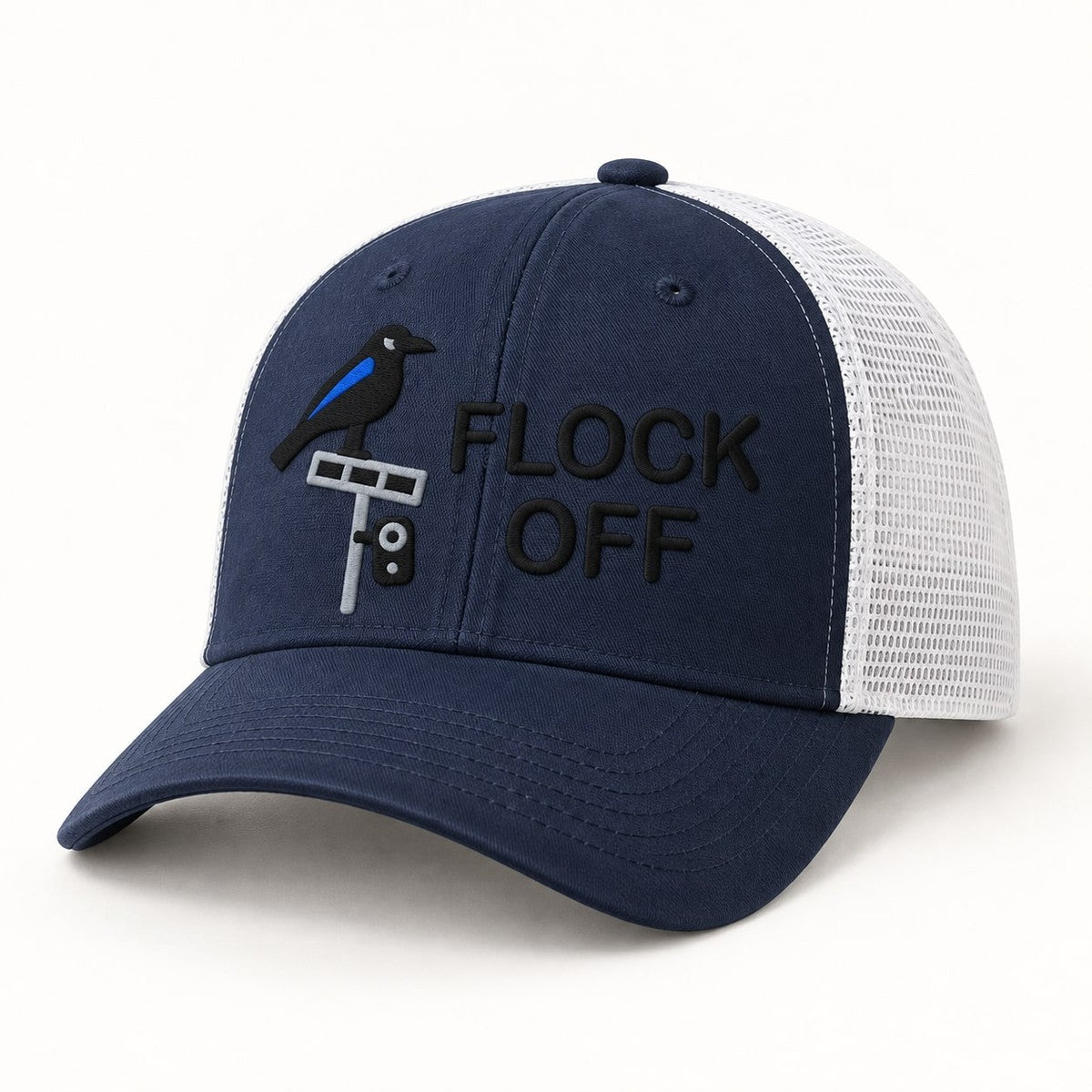 Flock Off Trucker Hat in Navy / White, three-quarter front view of the cap