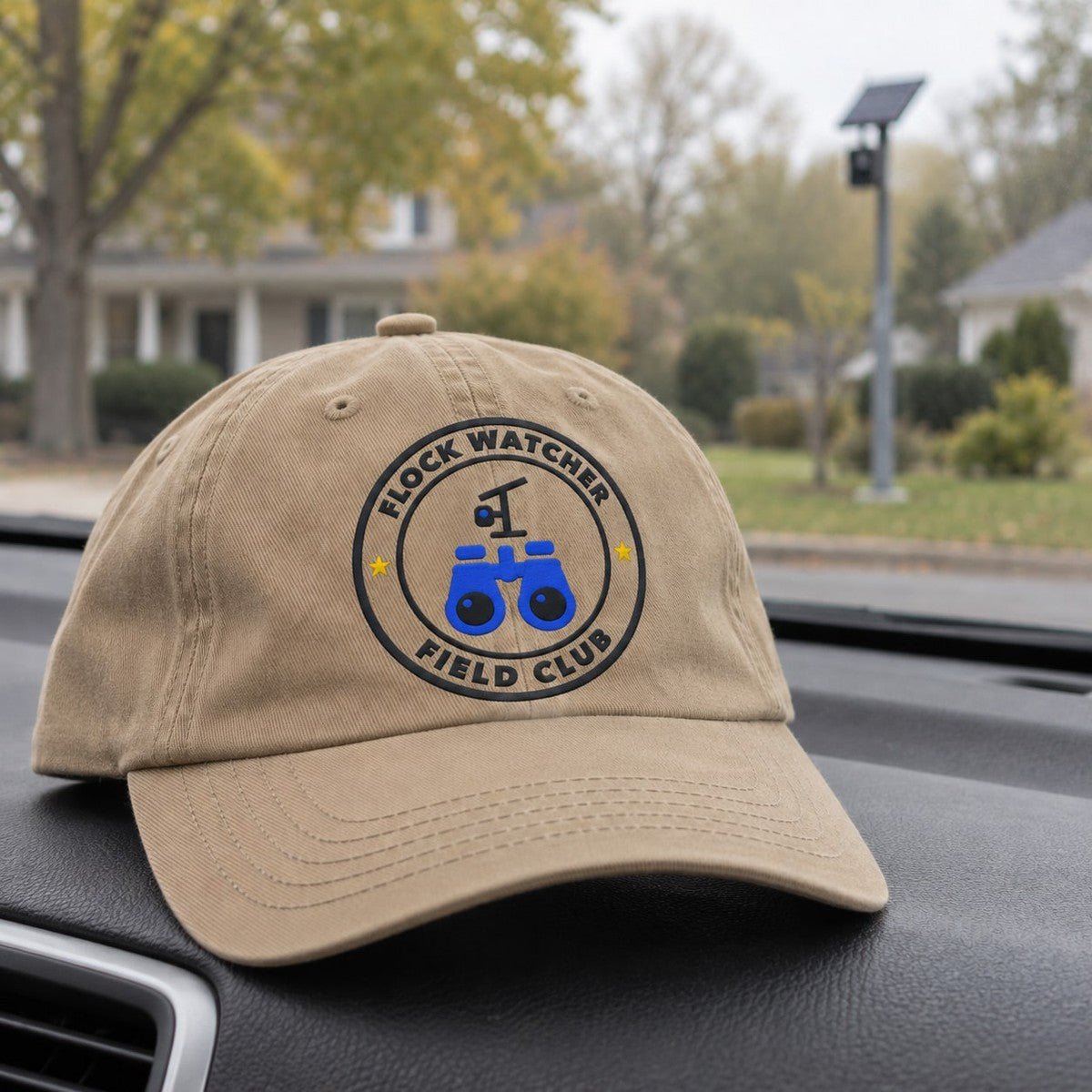Flock Watcher Field Club Dad Hat in Khaki, in use