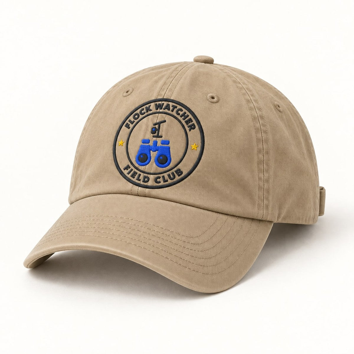 Flock Watcher Field Club Dad Hat in Khaki, three-quarter front view of the cap