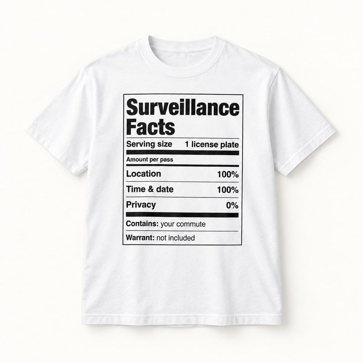 Surveillance Facts Tee in White, front of the shirt