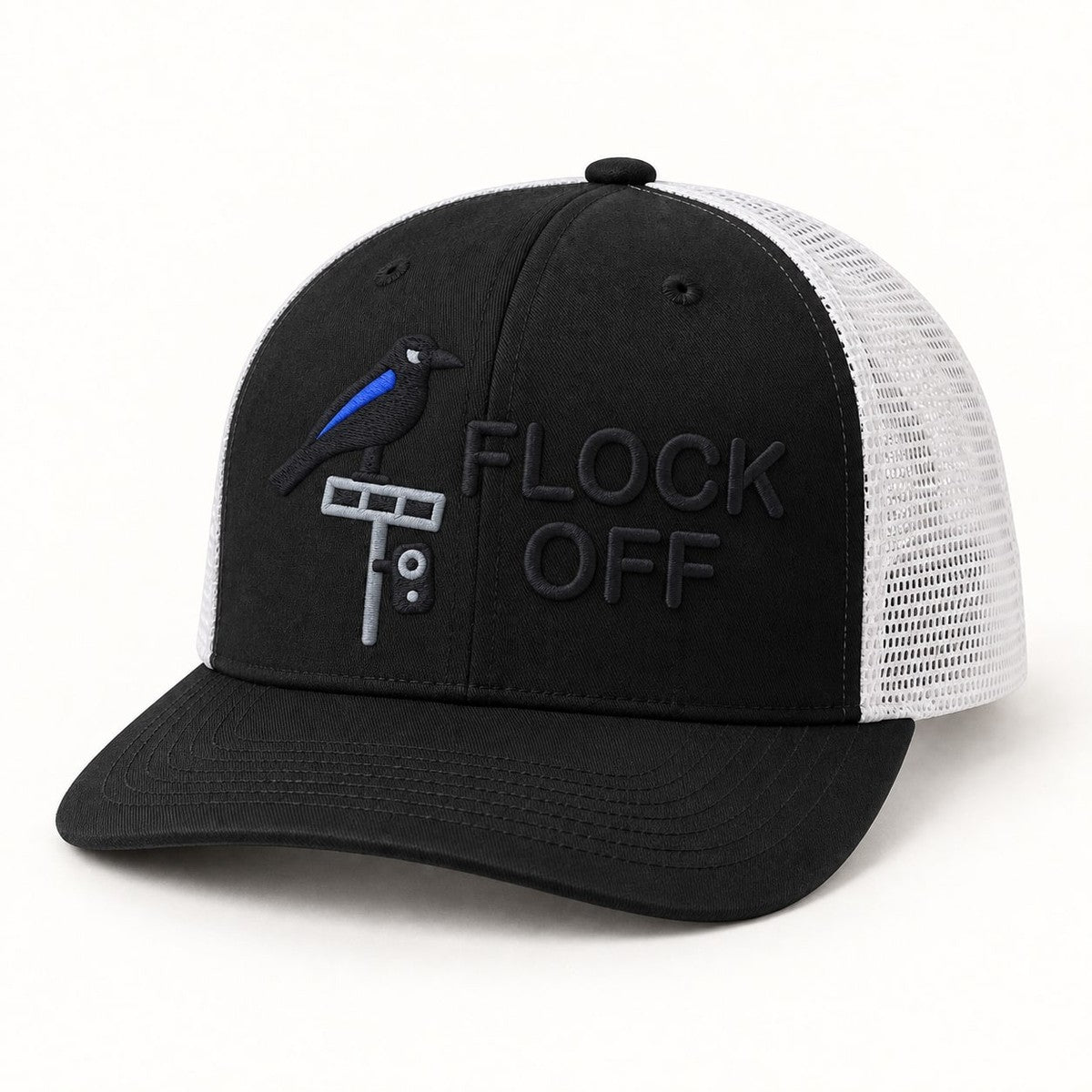 Flock Off Trucker Hat in Black / White, three-quarter front view of the cap
