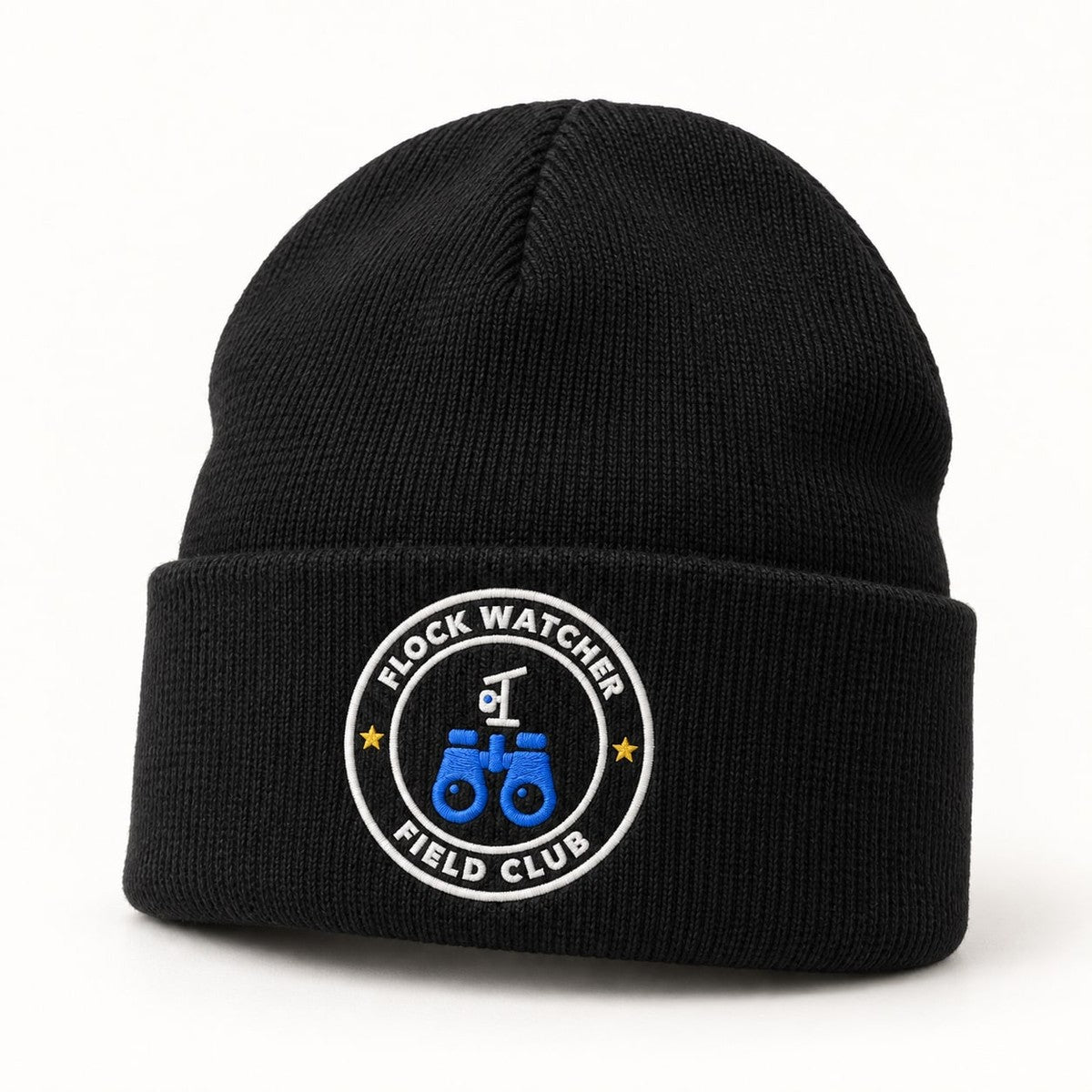 Flock Watcher Field Club Beanie in Black, the beanie standing upright
