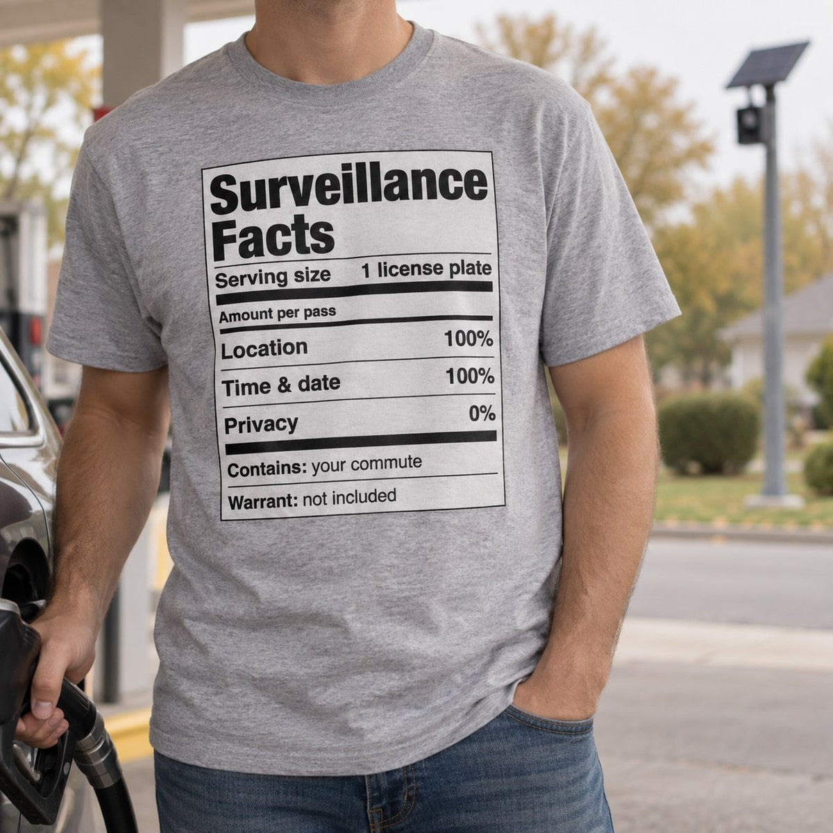 Surveillance Facts Tee in Sport Grey, in use