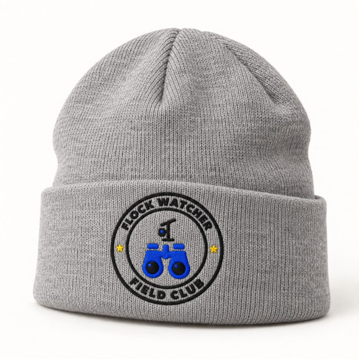 Flock Watcher Field Club Beanie in Heather Grey, the beanie standing upright