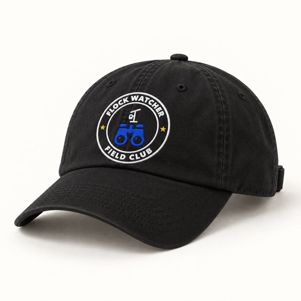 Flock Watcher Field Club Dad Hat in Black, three-quarter front view of the cap