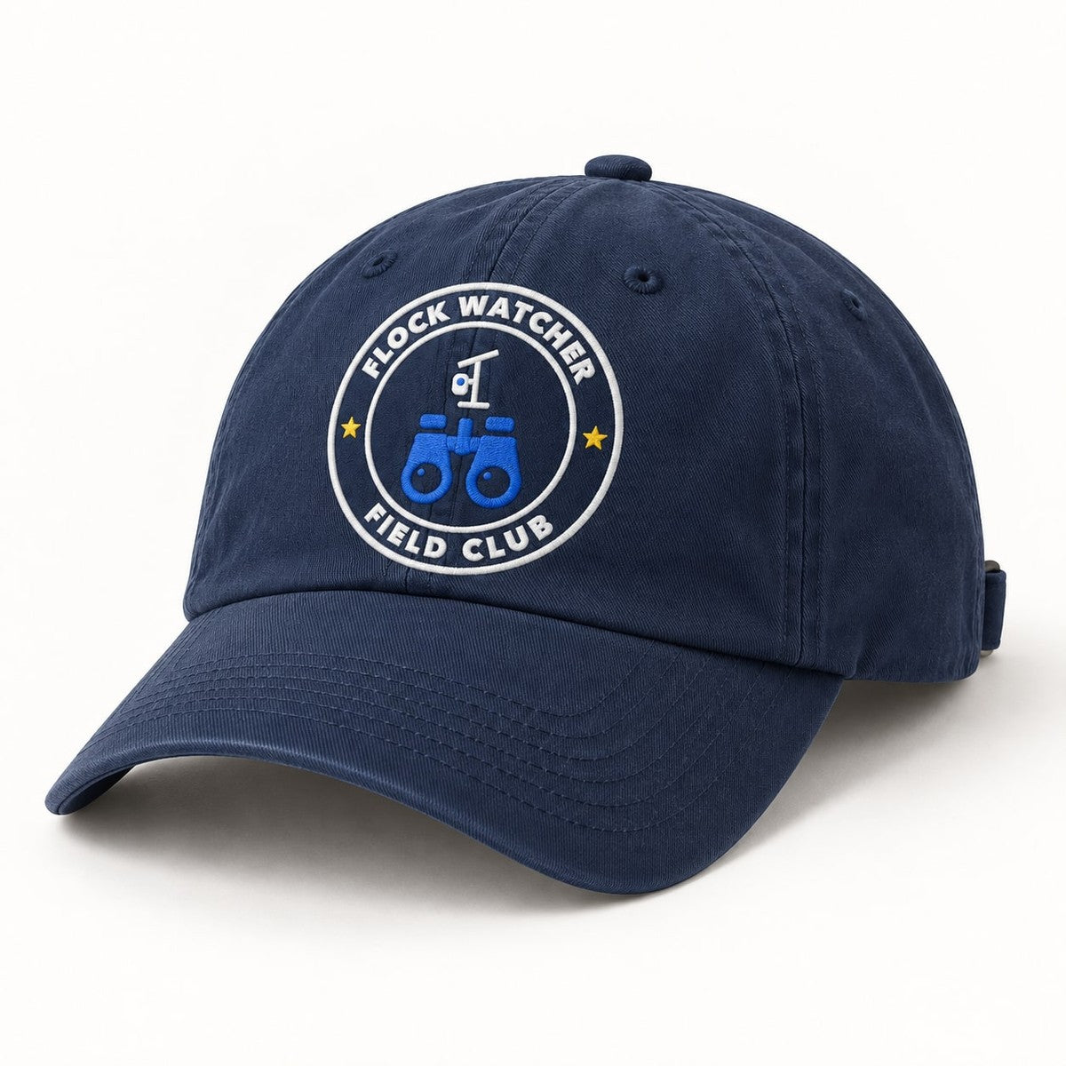 Flock Watcher Field Club Dad Hat in Navy, three-quarter front view of the cap