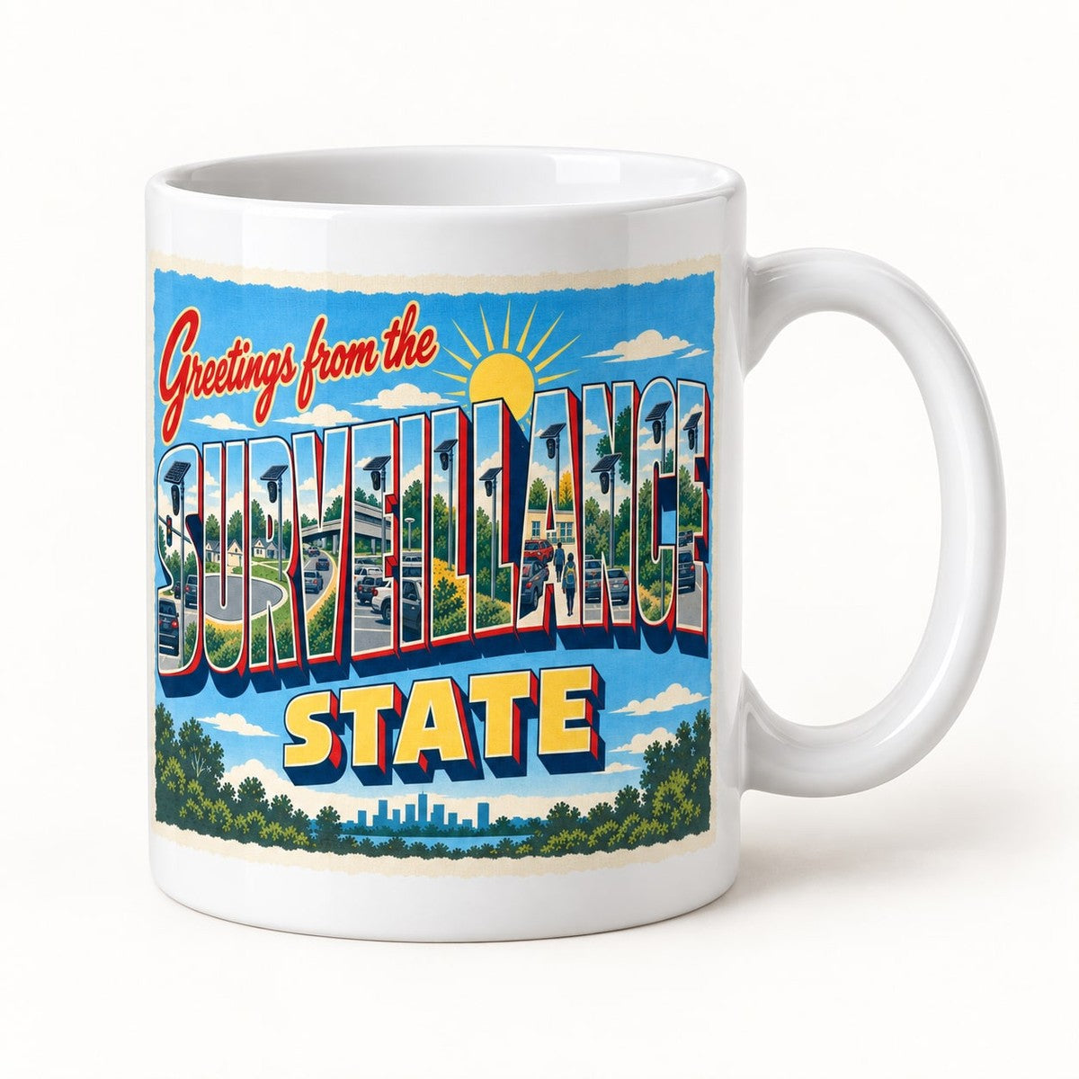 Greetings from the Surveillance State Mug, the 15oz mug at a three-quarter angle