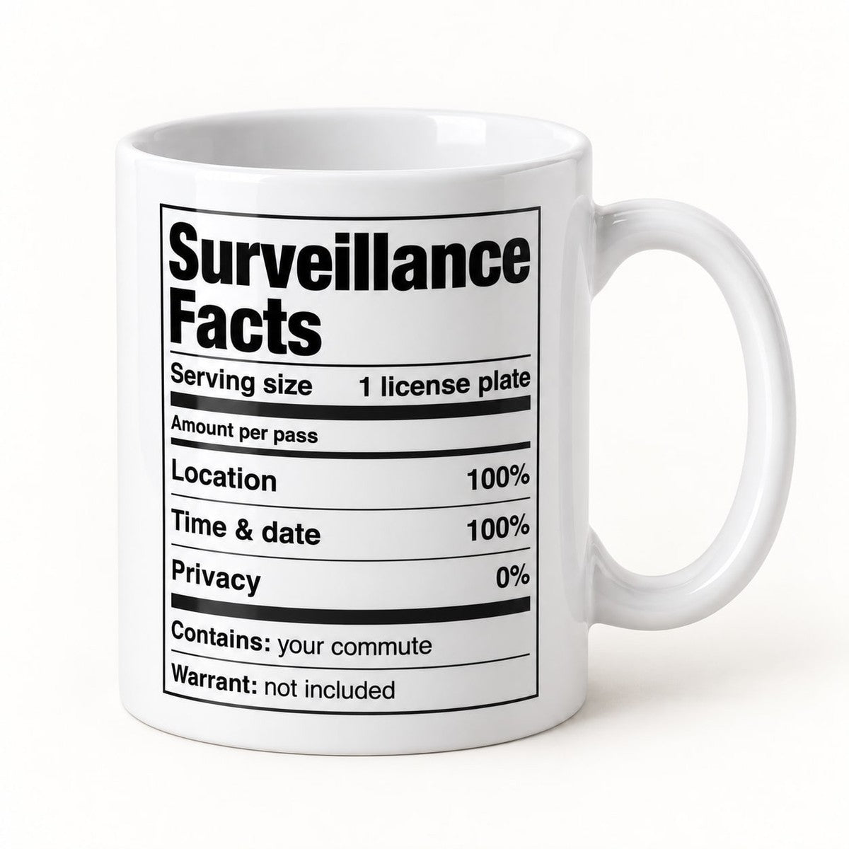 Surveillance Facts Mug, the 11oz mug at a three-quarter angle