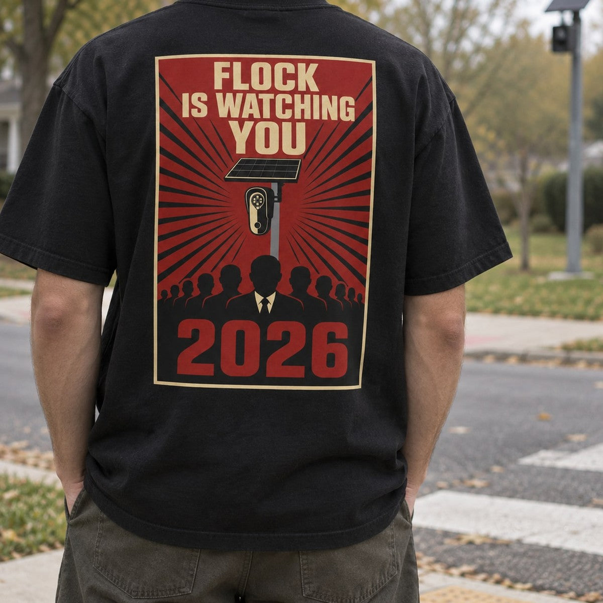 Flock Is Watching You Tee in Black, in use