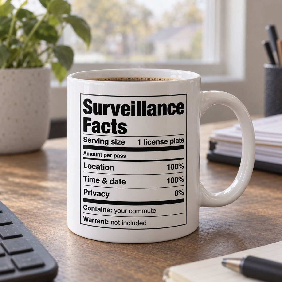 Surveillance Facts Mug, in use