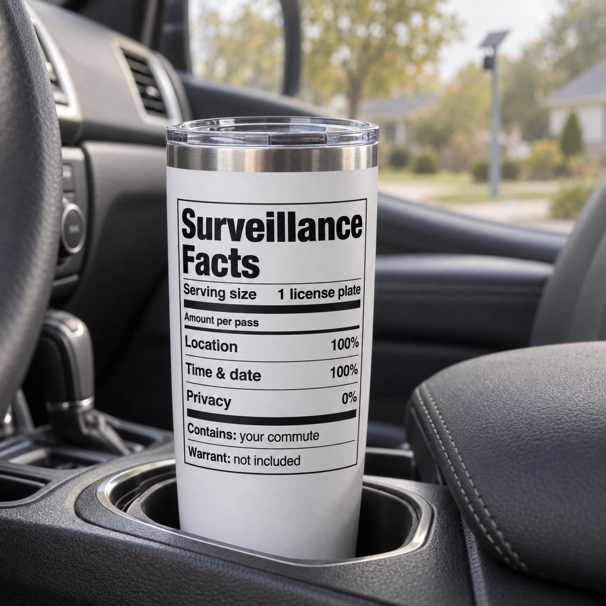 Surveillance Facts Tumbler, in use