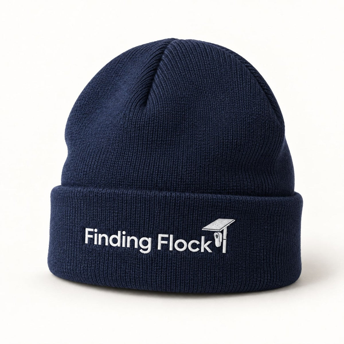 Finding Flock Wordmark Beanie in Navy, the beanie standing upright