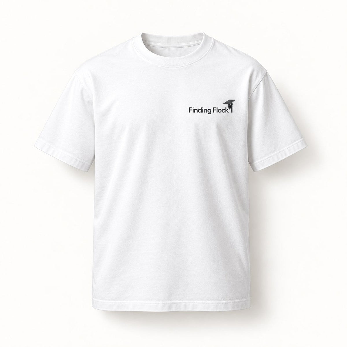 Flock Is Watching You Tee in White, front of the shirt showing the small left-chest wordmark