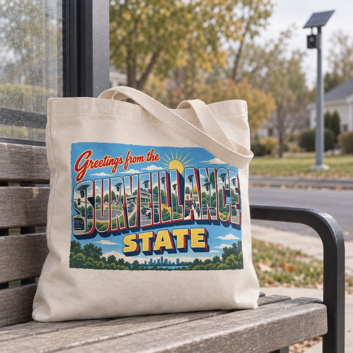 Greetings from the Surveillance State Tote Bag in Natural, in use