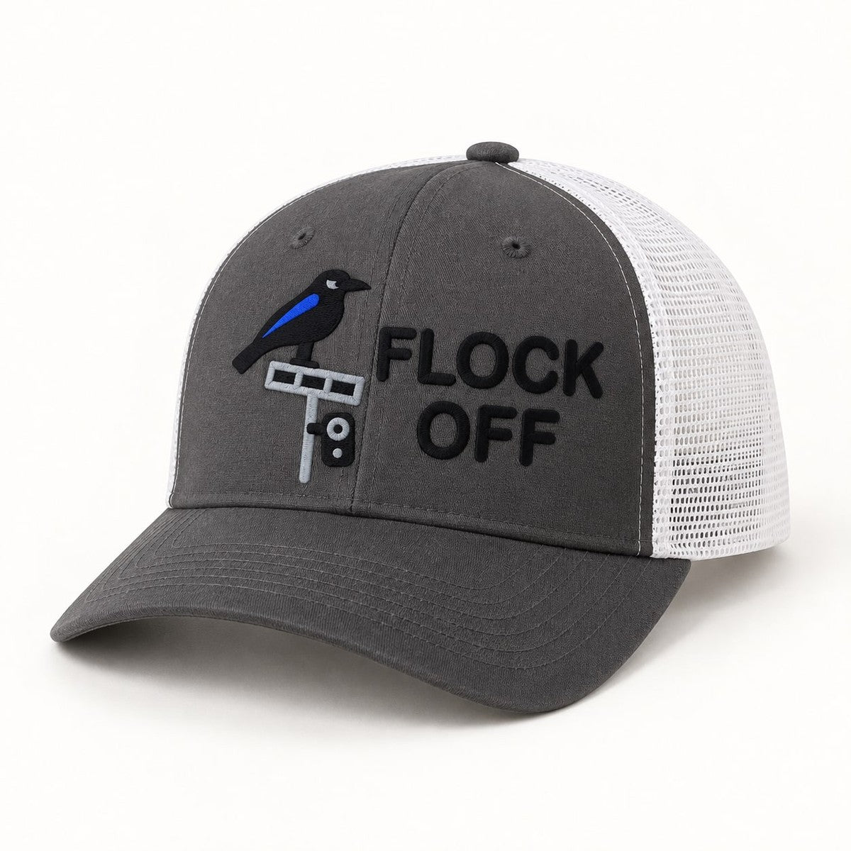 Flock Off Trucker Hat in Charcoal / White, three-quarter front view of the cap