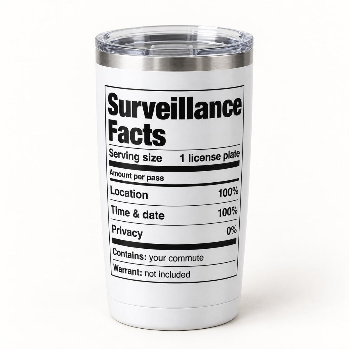 Surveillance Facts Tumbler, the tumbler standing upright with lid